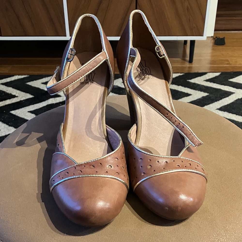 Miz Mooz tobacco Tan Nicolina Mary Jane Heels with Ankle Strap and Metallic Trim